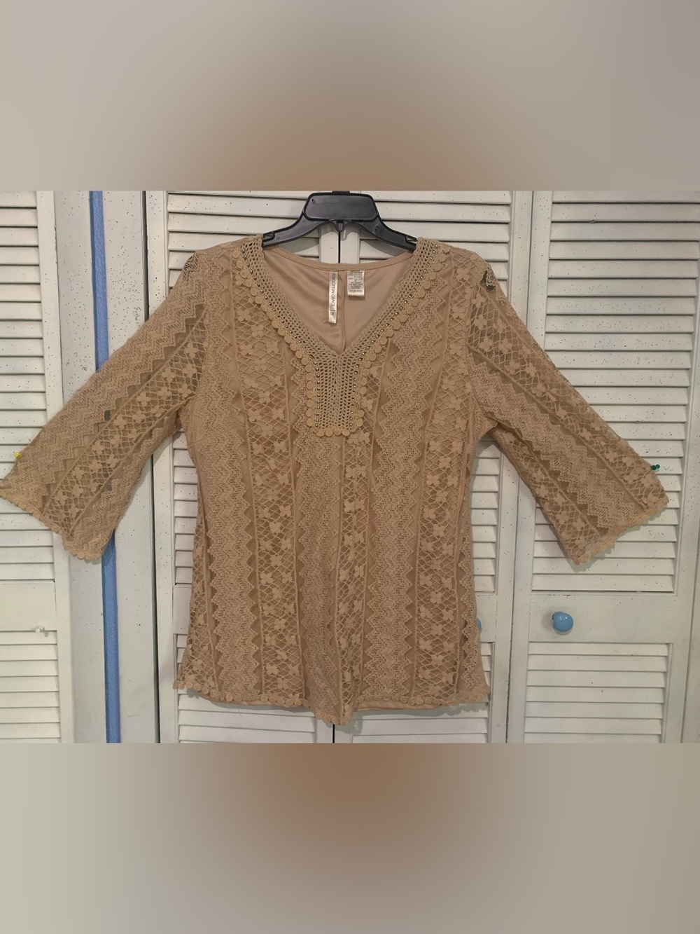 Forgotten Grace Beige Crocheted & Studded Top 1X